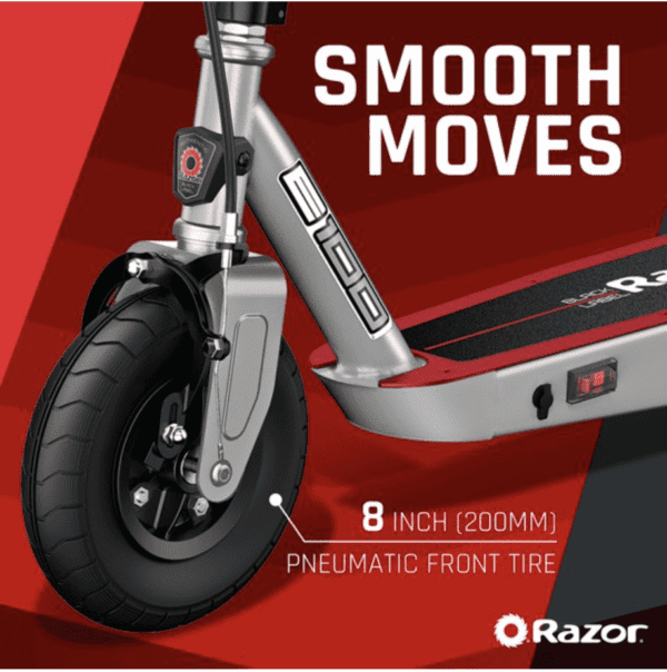Razor Black Label E100 Electric Scooter – Silver / Red, for Kids Ages 8+ and up to 120 lbs, 8" Pneumatic Front Tire, Up to 10 mph & up to 35 mins of Ride Time, Power Core High-Torque Hub Motor - Imagen 7