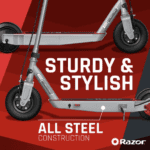 Razor Black Label E100 Electric Scooter – Silver / Red, for Kids Ages 8+ and up to 120 lbs, 8" Pneumatic Front Tire, Up to 10 mph & up to 35 mins of Ride Time, Power Core High-Torque Hub Motor - Imagen 6