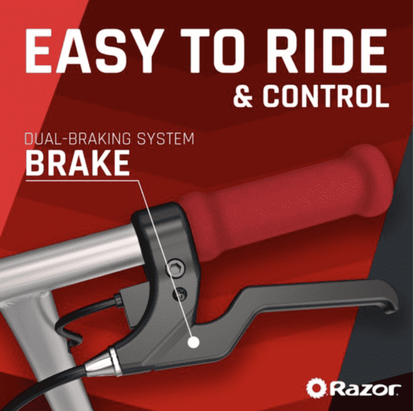 Razor Black Label E100 Electric Scooter – Silver / Red, for Kids Ages 8+ and up to 120 lbs, 8" Pneumatic Front Tire, Up to 10 mph & up to 35 mins of Ride Time, Power Core High-Torque Hub Motor - Imagen 5