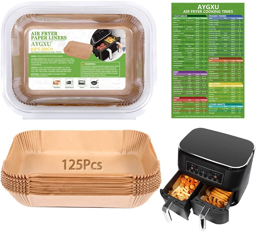 61uHLNTEm3L._AC_ Forros de papel para freidora de aire, forro de papel desechable para freidora de aire doble ninja, papel pergamino, papel pergamino de grado alimenticio y papel de hornear, impermeable y a prueba de aceite, para hornear asar (125 piezas) - Imagen 1