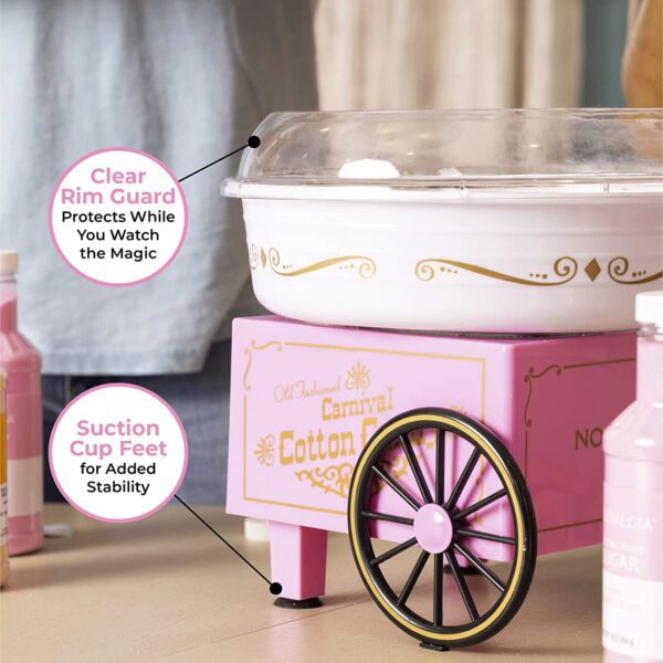 Máquina para Algodón de azucár  vintage PCM306PK para preparar caramelo sólido y de algodón sin azúcar, para encimera, incluye 2 conos reutilizables y cuchara, color rosa. - Imagen 9