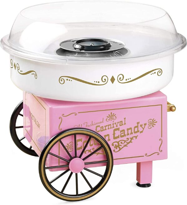 Máquina para Algodón de azucár  vintage PCM306PK para preparar caramelo sólido y de algodón sin azúcar, para encimera, incluye 2 conos reutilizables y cuchara, color rosa. - Imagen 1