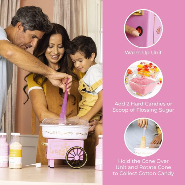 Máquina para Algodón de azucár  vintage PCM306PK para preparar caramelo sólido y de algodón sin azúcar, para encimera, incluye 2 conos reutilizables y cuchara, color rosa. - Imagen 5