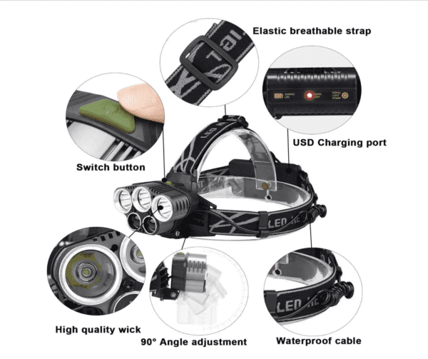 Linterna LED recargable por USB, 2000 lúmenes de alto brillo, 6 modos de iluminación de cabeza impermeable, faros perfectos para camping, correr, senderismo, ciclismo, pesca, escalada - Imagen 7