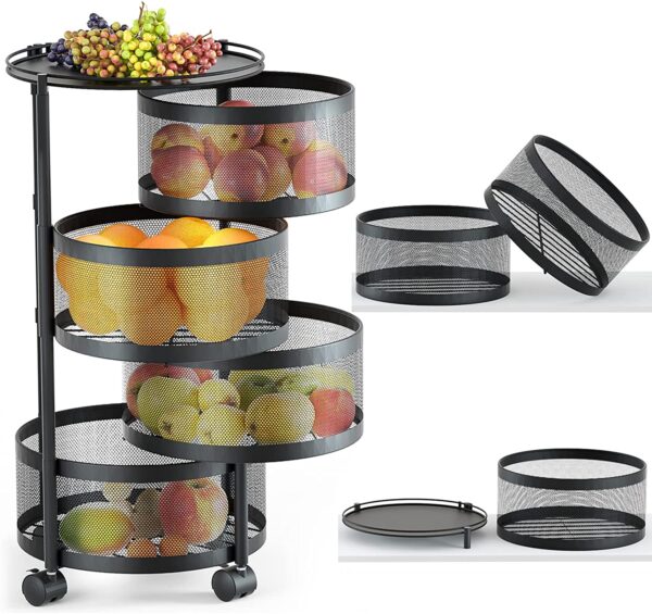 Estante de almacenamiento giratorio para cocina, cesta de frutas giratoria, estante de almacenamiento de cocina de frutas y verduras, cestas de almacenamiento de papas con ruedas, cesta de frutas de acero inoxidable material de metal (4+1 capa) - Imagen 2