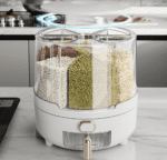 Dispensador de arroz, dispensador giratorio de alimentos secos, contenedor de almacenamiento de granos de cocina de plástico PP con 6 compartimentos para arroz y frijoles (blanco) - Imagen 5