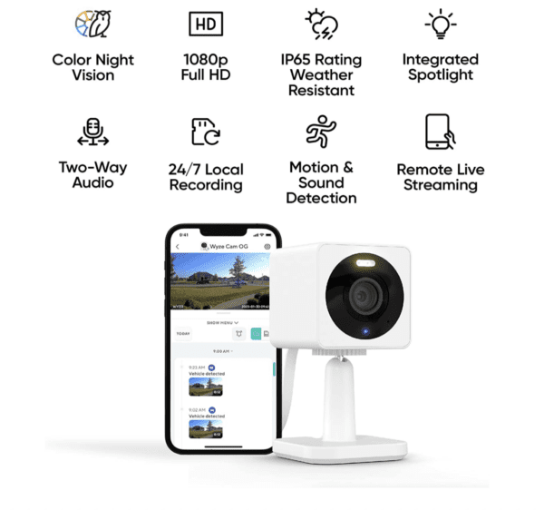 Camara WYZE Cámara de seguridad Cam OG, interior/exterior, cámara de seguridad Wi-Fi HD 1080p con visión nocturna a color, foco integrado, detección de movimiento, audio de 2 vías, compatible con Alexa y Google Assistant, color blanco - Imagen 7