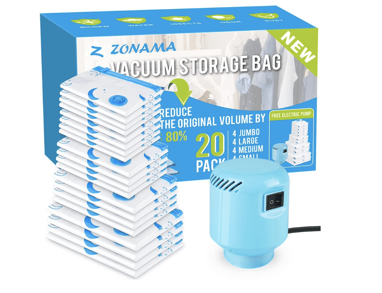 Captura de Pantalla 2023-06-05 a la(s) 12.41.56 Bolsas de almacenamiento al vacío con bomba de aire eléctrica, paquete de 20 (4 jumbo, 4 grandes, 4 medianas, 4 pequeñas, 4 bolsas enrollables) bolsa de ahorro de espacio para ropa, colchón, manta, edredón, viajes, mudanza - Imagen 1