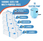 Bolsas de almacenamiento al vacío con bomba de aire eléctrica, paquete de 20 (4 jumbo, 4 grandes, 4 medianas, 4 pequeñas, 4 bolsas enrollables) bolsa de ahorro de espacio para ropa, colchón, manta, edredón, viajes, mudanza - Imagen 8