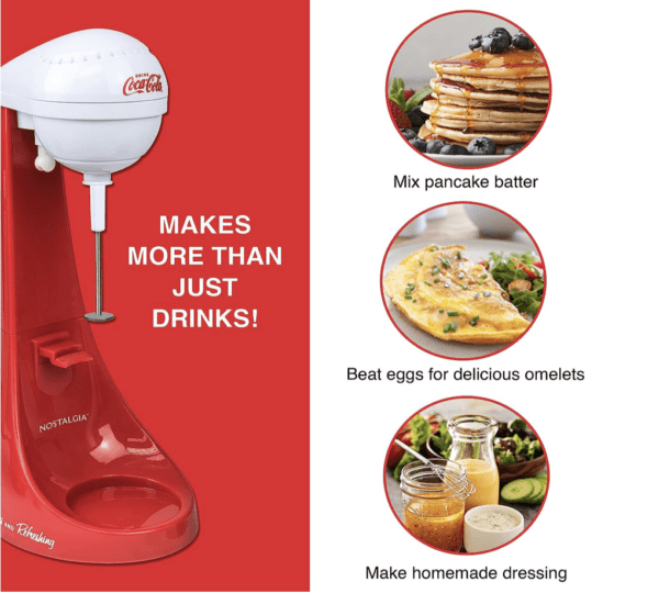 Nostalgia - Máquina para hacer batidos o mezclar bebidas Coca Cola eléctrica y de dos velocidades, edición limitada, incluye taza para mezclar de acero inoxidable de 16 onzas y varilla, roja - Imagen 3
