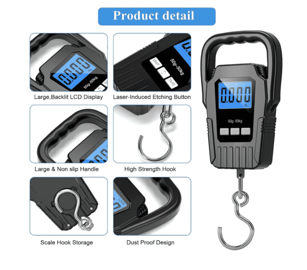 Báscula digital de peces para colgar, báscula de equipaje de 110 libras/110.2 lbs, asa grande mejorada y pantalla LCD retroiluminada, báscula postal, negro, regalos de pesca para hombres, ideas de regalo, color negro - Imagen 3