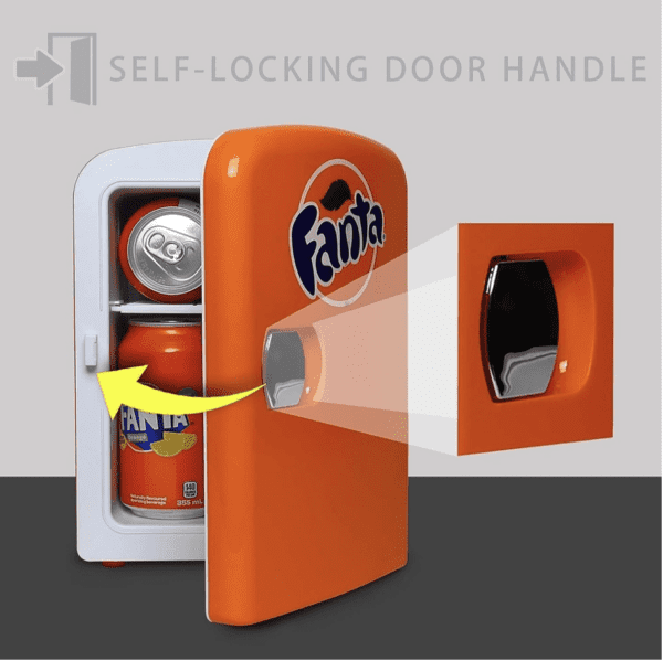 Fanta Naranja - Enfriador/calentador portátil de 4 litros, refrigerador de viaje personal compacto para aperitivos, almuerzo, bebidas, cosméticos, incluye cables de 12 V y CA, bonito accesorio de escritorio para el hogar, oficina, dormitorio, viajes, color negro - Imagen 7