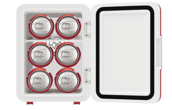 Mini refrigerador de Budweiser, MIS135BUD, personal, compacto y portátil, capacidad de 4 litros, enfría seis latas de 12 onzas, 100% libre de freón y amigable con el medio ambiente, rojo - Imagen 5