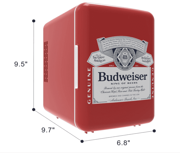 Mini refrigerador de Budweiser, MIS135BUD, personal, compacto y portátil, capacidad de 4 litros, enfría seis latas de 12 onzas, 100% libre de freón y amigable con el medio ambiente, rojo - Imagen 4