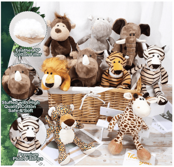 Juego de 10 animales de peluche de safari de 11.8 pulgadas, juguetes de animales de la selva para niñas y niños, lindo elefante, jirafa, león, tigre, mono, rinoceronte, cebra, tigre blanco, leopardo, hipopótamo, para baby shower - Imagen 5