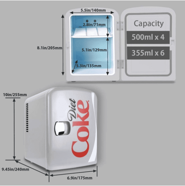 Mini refrigerador Coca-Cola Diet Coke - Enfriador/calentador portátil de 4 litros, refrigerador de viaje personal compacto para aperitivos, almuerzo, bebidas, cosméticos, incluye cables de 12 V y CA, accesorio de escritorio para el hogar, oficina, dormitorio, viajes, gris - Imagen 3