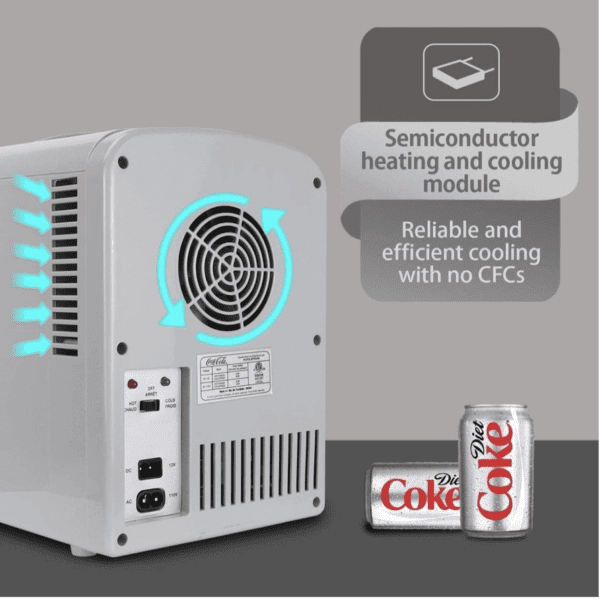 Mini refrigerador Coca-Cola Diet Coke - Enfriador/calentador portátil de 4 litros, refrigerador de viaje personal compacto para aperitivos, almuerzo, bebidas, cosméticos, incluye cables de 12 V y CA, accesorio de escritorio para el hogar, oficina, dormitorio, viajes, gris - Imagen 4