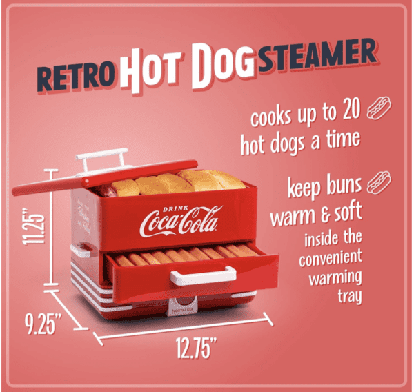 Nostalgia Vaporizador y calentador de bollos de Coca-Cola extra grande estilo comedor, 24 perros calientes y capacidad para 12 bollos, salchichas, verduras, pescado, albóndigas, rojo - Imagen 2