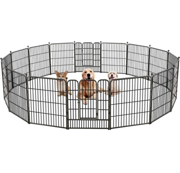Encierro de metal para perros de 16 paneles de 32 pulgadas de altura, corral de ejercicio con 2 puertas para perros pequeños/medianos/medianos, patio RV con 36 protectores de suelo y 8 correas, color negro - Imagen 7