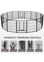 Encierro de metal para perros de 16 paneles de 32 pulgadas de altura, corral de ejercicio con 2 puertas para perros pequeños/medianos/medianos, patio RV con 36 protectores de suelo y 8 correas, color negro