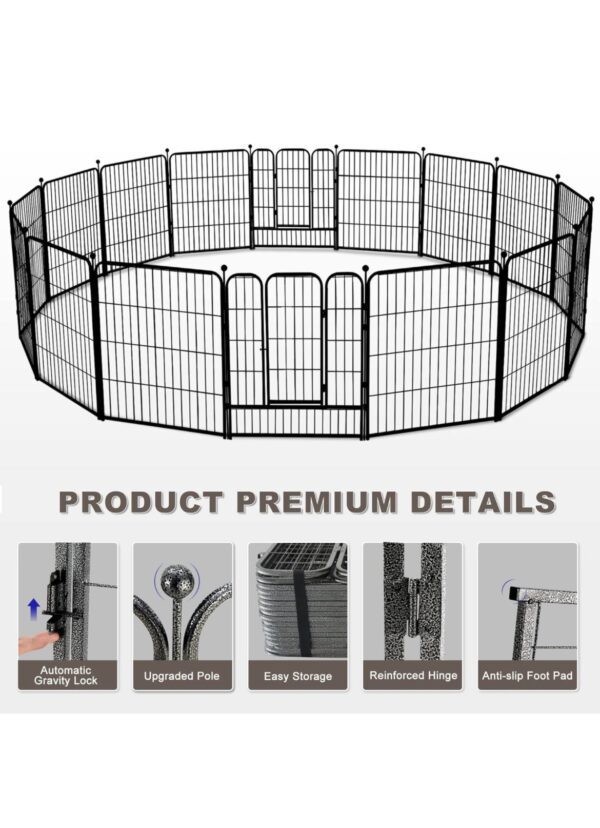 Encierro de metal para perros de 16 paneles de 32 pulgadas de altura, corral de ejercicio con 2 puertas para perros pequeños/medianos/medianos, patio RV con 36 protectores de suelo y 8 correas, color negro - Imagen 1