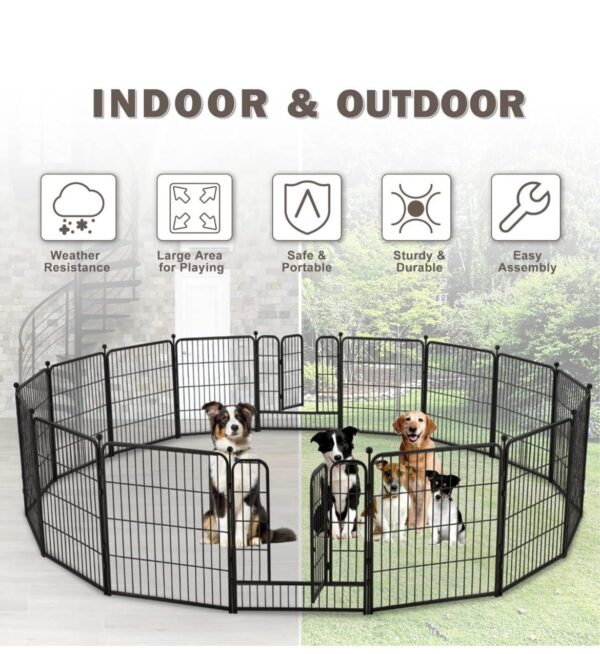 Encierro de metal para perros de 16 paneles de 32 pulgadas de altura, corral de ejercicio con 2 puertas para perros pequeños/medianos/medianos, patio RV con 36 protectores de suelo y 8 correas, color negro - Imagen 4