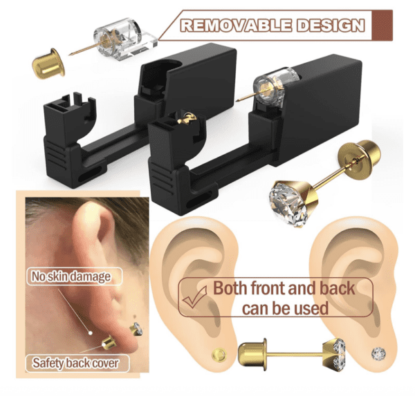Kit de 2 piercings de oreja desechables estériles, kit de perforación de oreja sin dolor, herramienta de perforación de oreja con circonita cúbica de 0.197 pulgadas (0.197 in, dorado) - Imagen 2