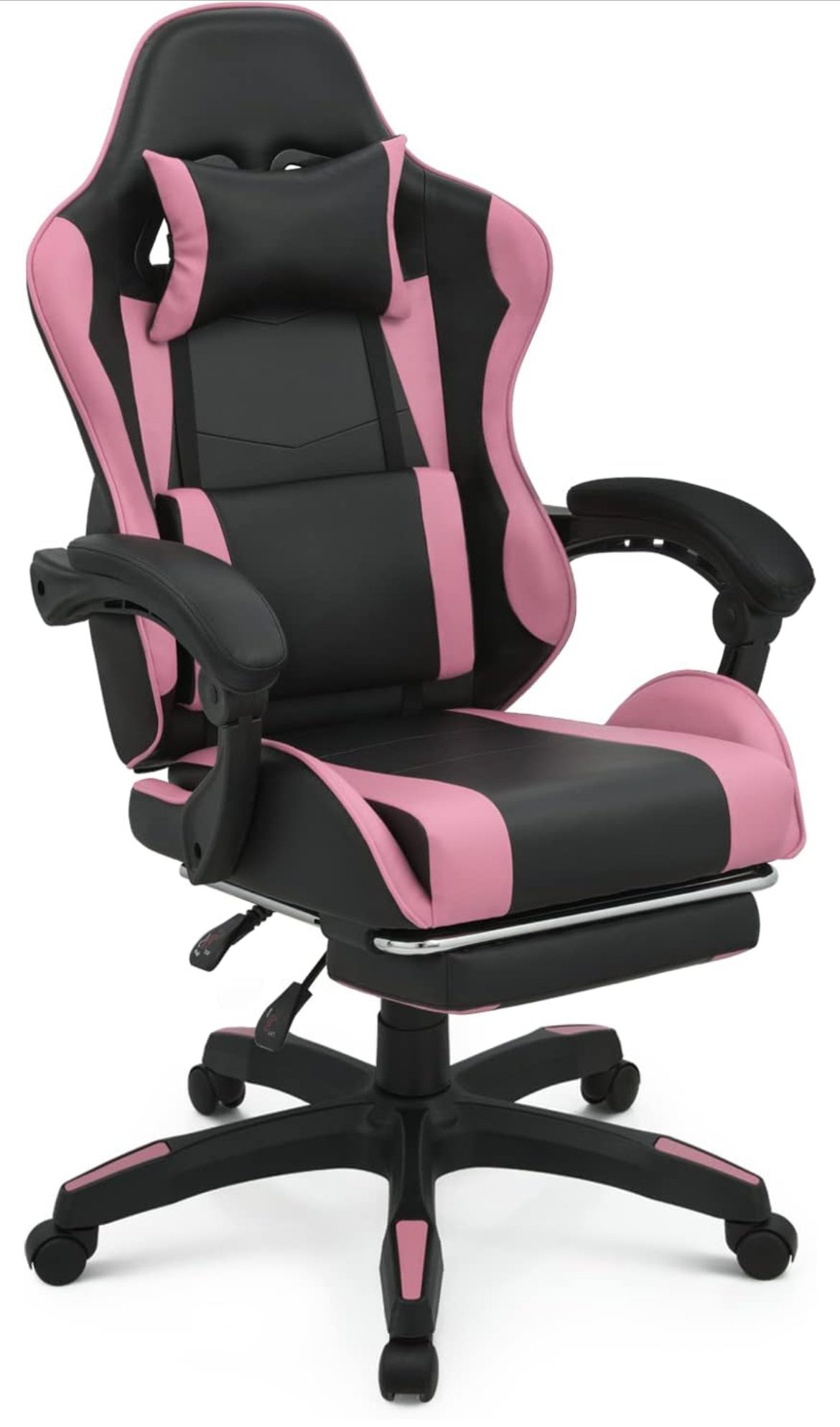 IMG_3589 Silla Gamer - MoNiBloom Silla de juegos con reposacabezas y soporte lumbar, silla ergonómica de carreras para computadora con reposapiés, silla giratoria de cuero ajustable para adultos, adolescentes, oficina o juegos, rosa - Imagen 1