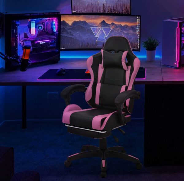 Silla Gamer - MoNiBloom Silla de juegos con reposacabezas y soporte lumbar, silla ergonómica de carreras para computadora con reposapiés, silla giratoria de cuero ajustable para adultos, adolescentes, oficina o juegos, rosa - Imagen 3