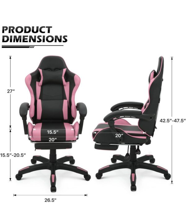 Silla Gamer - MoNiBloom Silla de juegos con reposacabezas y soporte lumbar, silla ergonómica de carreras para computadora con reposapiés, silla giratoria de cuero ajustable para adultos, adolescentes, oficina o juegos, rosa - Imagen 4