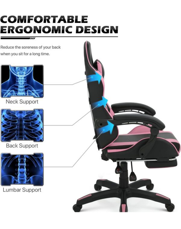 Silla Gamer - MoNiBloom Silla de juegos con reposacabezas y soporte lumbar, silla ergonómica de carreras para computadora con reposapiés, silla giratoria de cuero ajustable para adultos, adolescentes, oficina o juegos, rosa - Imagen 5