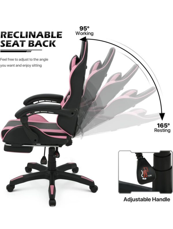 Silla Gamer - MoNiBloom Silla de juegos con reposacabezas y soporte lumbar, silla ergonómica de carreras para computadora con reposapiés, silla giratoria de cuero ajustable para adultos, adolescentes, oficina o juegos, rosa - Imagen 6