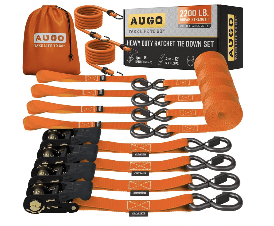 Captura de Pantalla 2024-03-01 a la(s) 13.50.36 Lingas para carga-Correas de trinquete resistentes, paquete de 4, 15 pies, resistencia a la rotura de 2200 libras, correas de amarre de trinquete con ganchos en S de bloqueo de seguridad, correas de carga - Imagen 1