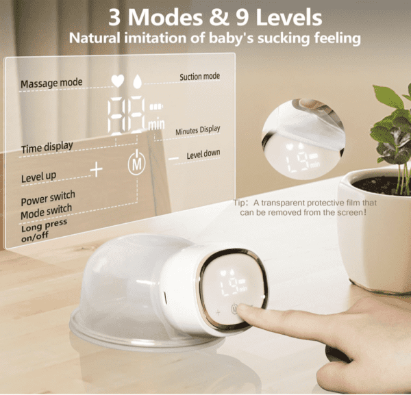 Onlyeah - Extractor de leche portátil, sacaleche eléctrico, manos libres, portátil, 3 modos, 9 niveles, sin dolor, pantalla táctil, de bajo ruido, con 1 paquete (1) - Imagen 6