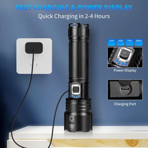 Paquete de 2 linternas recargables de alto lúmenes, 990,000 lúmenes, linterna LED súper brillante con 5 modos y 12 horas de tiempo de funcionamiento largo, IPX6 impermeable, potente luz flash de mano - Imagen 5