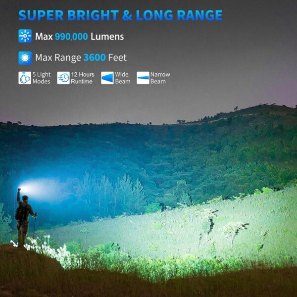 Paquete de 2 linternas recargables de alto lúmenes, 990,000 lúmenes, linterna LED súper brillante con 5 modos y 12 horas de tiempo de funcionamiento largo, IPX6 impermeable, potente luz flash de mano - Imagen 3