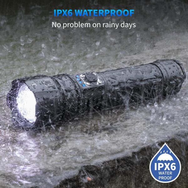 Paquete de 2 linternas recargables de alto lúmenes, 990,000 lúmenes, linterna LED súper brillante con 5 modos y 12 horas de tiempo de funcionamiento largo, IPX6 impermeable, potente luz flash de mano - Imagen 7