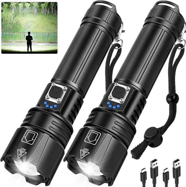 Paquete de 2 linternas recargables de alto lúmenes, 990,000 lúmenes, linterna LED súper brillante con 5 modos y 12 horas de tiempo de funcionamiento largo, IPX6 impermeable, potente luz flash de mano - Imagen 2