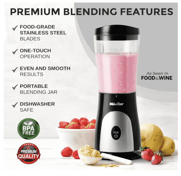 Licuadora personal para batidos - Mueller - y batidos con taza y tapa de viaje de 15 onzas, jugos, alimentos para bebés, licuadora portátil de alta resistencia y procesador de alimentos, color negro - Imagen 6