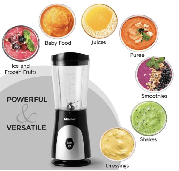 Licuadora personal para batidos - Mueller - y batidos con taza y tapa de viaje de 15 onzas, jugos, alimentos para bebés, licuadora portátil de alta resistencia y procesador de alimentos, color negro - Imagen 3