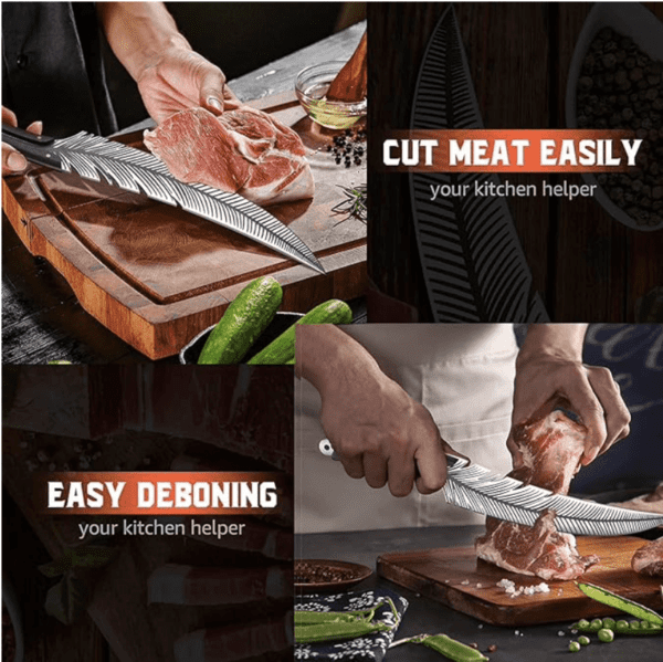 Cuchillo de pluma afilada forjado a mano, cuchillo vikingo de carnicero de acero de alto carbono, cuchillo de deshuesado para cortar carne, cuchillo de cocina japonés con funda para cocina, - Imagen 6
