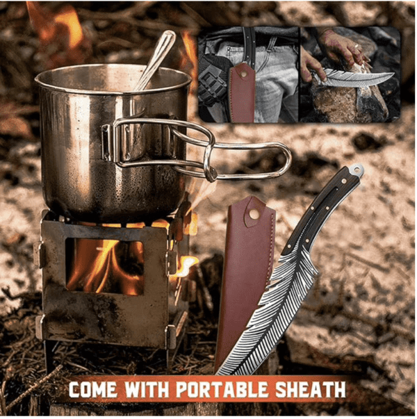 Cuchillo de pluma afilada forjado a mano, cuchillo vikingo de carnicero de acero de alto carbono, cuchillo de deshuesado para cortar carne, cuchillo de cocina japonés con funda para cocina, - Imagen 2