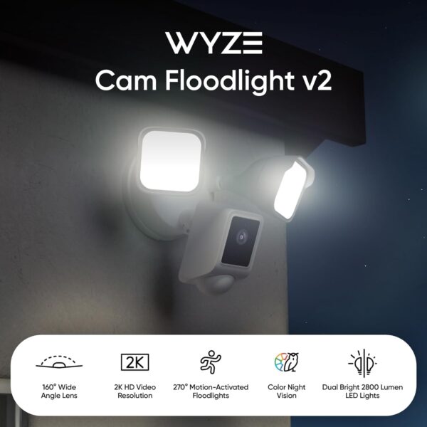 Camara WYZE Floodlight v2, LED de 2800 lúmenes, cámara de seguridad 2K HD para exteriores, visión amplia de 160°, luz activada por movimiento, sirena de 105 dB, almacenamiento en la nube y local - Imagen 2