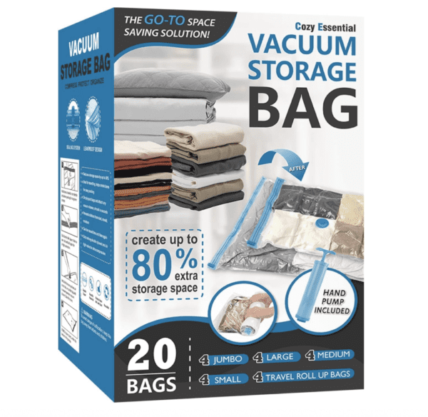 Paquete de 20 bolsas de almacenamiento al vacío, bolsas ahorradoras de espacio (4 jumbo, 4 grandes, 4 medianas, 4 pequeñas y 4 para enrollar) bolsas de almacenamiento de compresión para edredones y mantas, bolsas selladoras al vacío para almacenamiento de ropa, bomba de mano incluida - Imagen 8