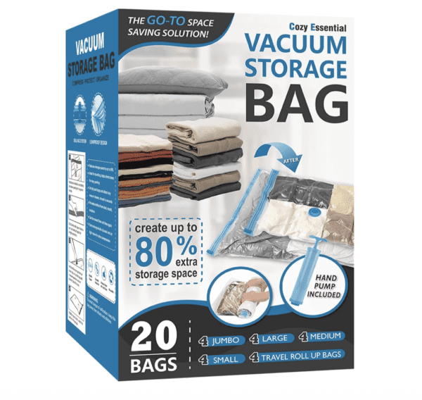 Captura de Pantalla 2024-06-22 a la(s) 19.25.20 Paquete de 20 bolsas de almacenamiento al vacío, bolsas ahorradoras de espacio (4 jumbo, 4 grandes, 4 medianas, 4 pequeñas y 4 para enrollar) bolsas de almacenamiento de compresión para edredones y mantas, bolsas selladoras al vacío para almacenamiento de ropa, bomba de mano incluida - Imagen 1