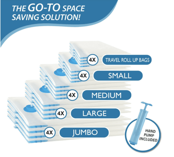 Paquete de 20 bolsas de almacenamiento al vacío, bolsas ahorradoras de espacio (4 jumbo, 4 grandes, 4 medianas, 4 pequeñas y 4 para enrollar) bolsas de almacenamiento de compresión para edredones y mantas, bolsas selladoras al vacío para almacenamiento de ropa, bomba de mano incluida - Imagen 5