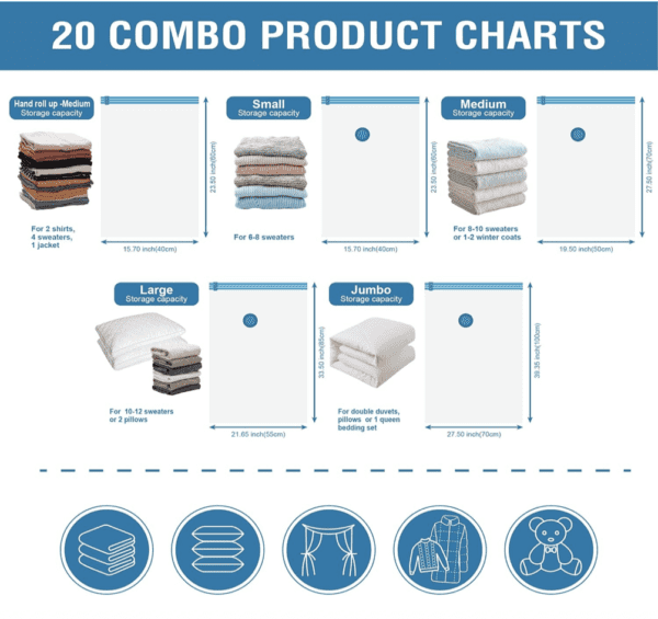 Paquete de 20 bolsas de almacenamiento al vacío, bolsas ahorradoras de espacio (4 jumbo, 4 grandes, 4 medianas, 4 pequeñas y 4 para enrollar) bolsas de almacenamiento de compresión para edredones y mantas, bolsas selladoras al vacío para almacenamiento de ropa, bomba de mano incluida - Imagen 6