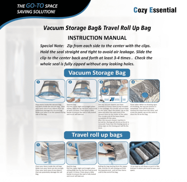 Paquete de 20 bolsas de almacenamiento al vacío, bolsas ahorradoras de espacio (4 jumbo, 4 grandes, 4 medianas, 4 pequeñas y 4 para enrollar) bolsas de almacenamiento de compresión para edredones y mantas, bolsas selladoras al vacío para almacenamiento de ropa, bomba de mano incluida - Imagen 7