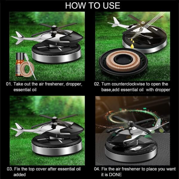 Ambientador para automóvil, helicóptero, energía solar, giratorio, aromaterapia, aviación, aleación de aluminio, accesorios de decoración de interiores, difusor para automóvil y hogar (plateado) - Imagen 2