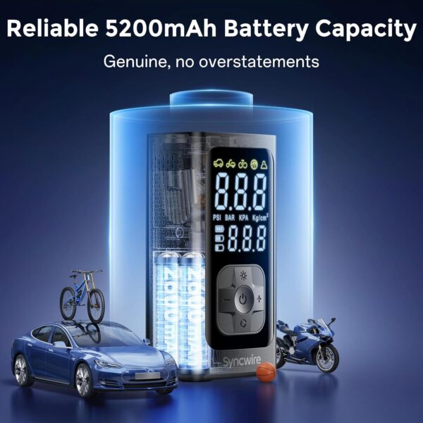 Syncwire Compresor de aire portátil para inflado de neumáticos, inflado 2 veces más rápido, bomba de aire inteligente para neumáticos de automóvil [LCD extragrande] con medidor de presión digital - Imagen 3